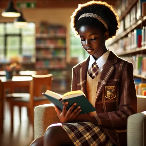 DALL·E 2024-11-03 16.44.26 - A square image of a 10-year-old Black African girl in a school uniform reading a book in a library. The girl is seated comfortably, focused on her boo