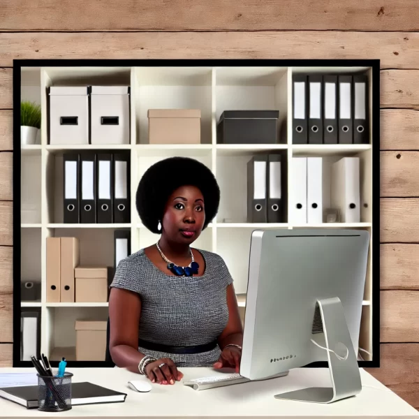 DALL·E 2024-11-03 16.55.37 - A square image of a Black African lady working behind a computer in a well-equipped, modern office. The office is organized, with a desk, computer, sh