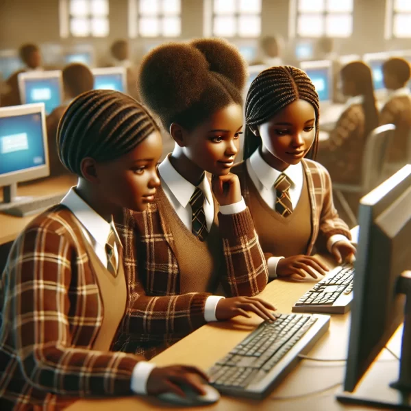 DALL·E 2024-11-03 17.06.03 - A realistic square image of three Black African girls, approximately 12 years old, wearing brown and plaid school uniforms, working collaboratively in