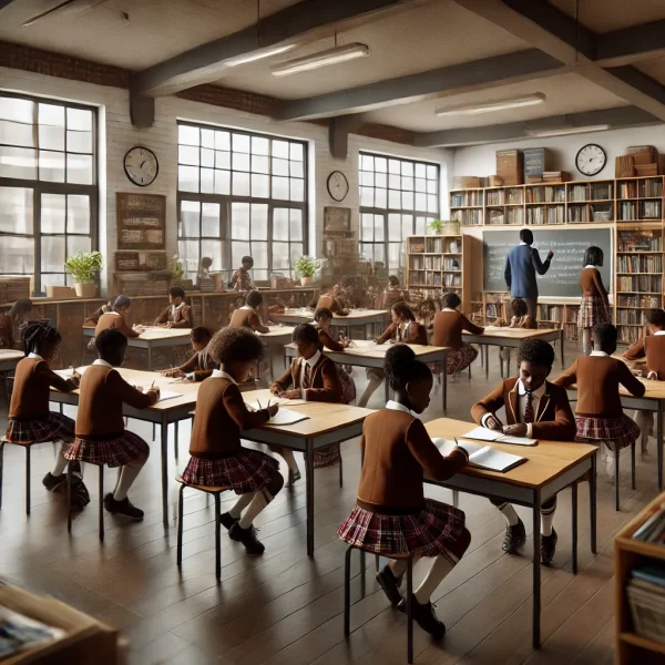 DALL·E 2024-11-03 17.29.38 - A photorealistic square image of a classroom scene with mixed Black African boys and girls, around 12 years old, in brown and plaid school uniforms. T